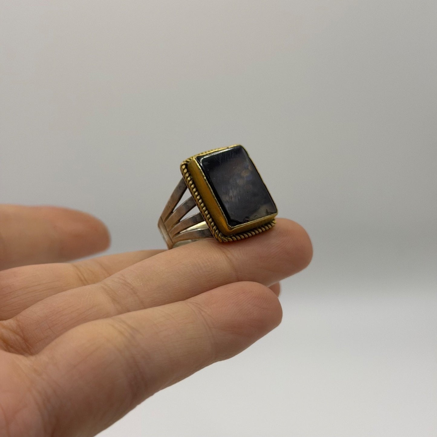 Silver Rope-Trim Statement Ring with Rectangular Black Onyx Stone
