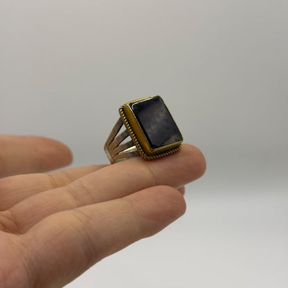 Silver Rope-Trim Statement Ring with Rectangular Black Onyx Stone