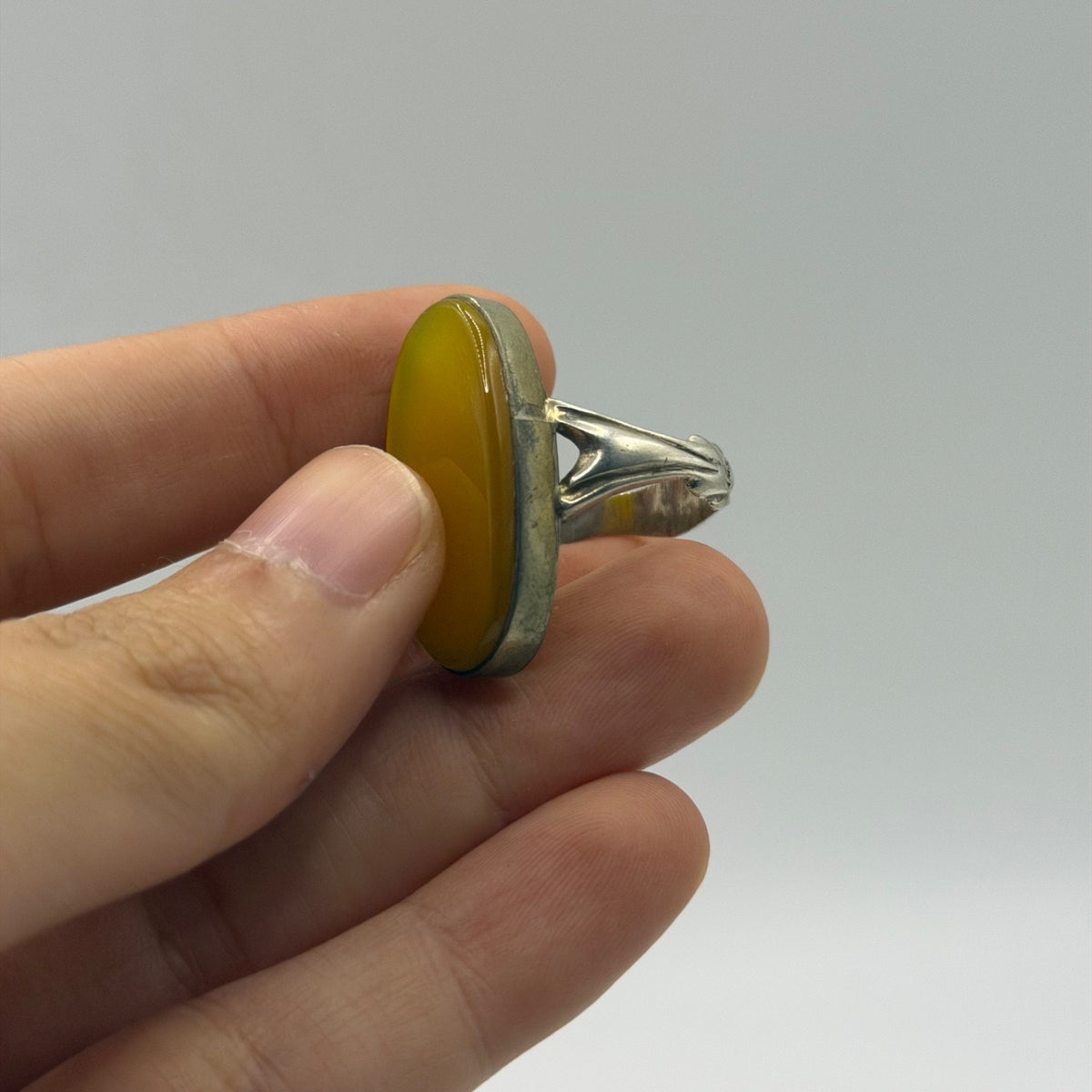 Vintage Silver Solitaire Ring with Large Oval Yellow Chalcedony Cabochon