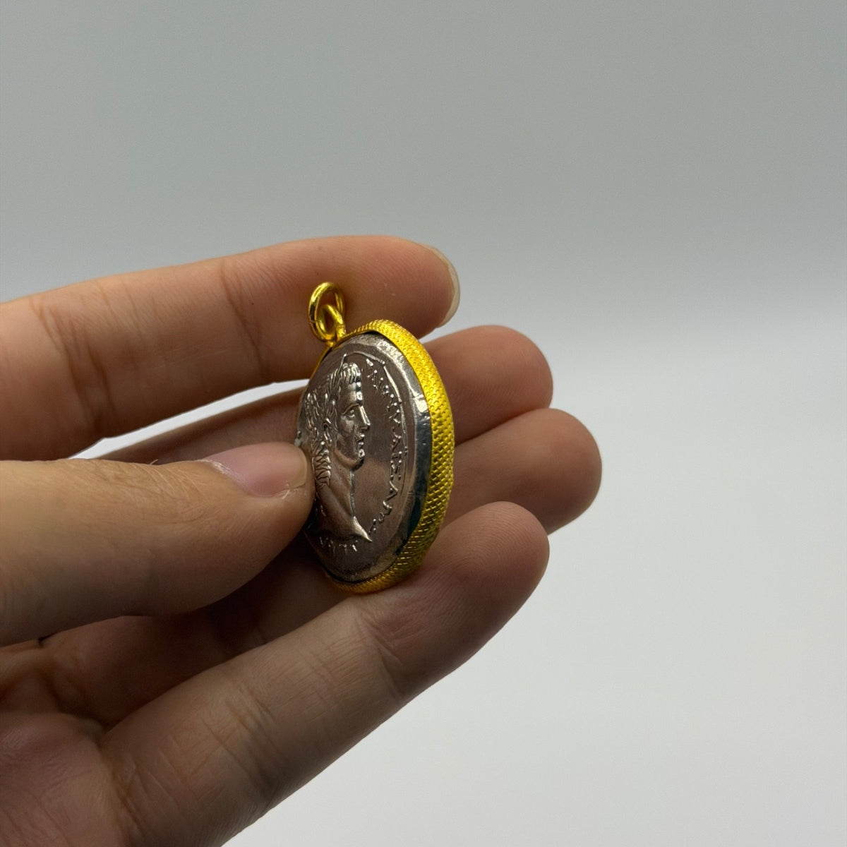 Ancient Greek Roman Inspired Silver Plated Gold Gilded Coin Pendant