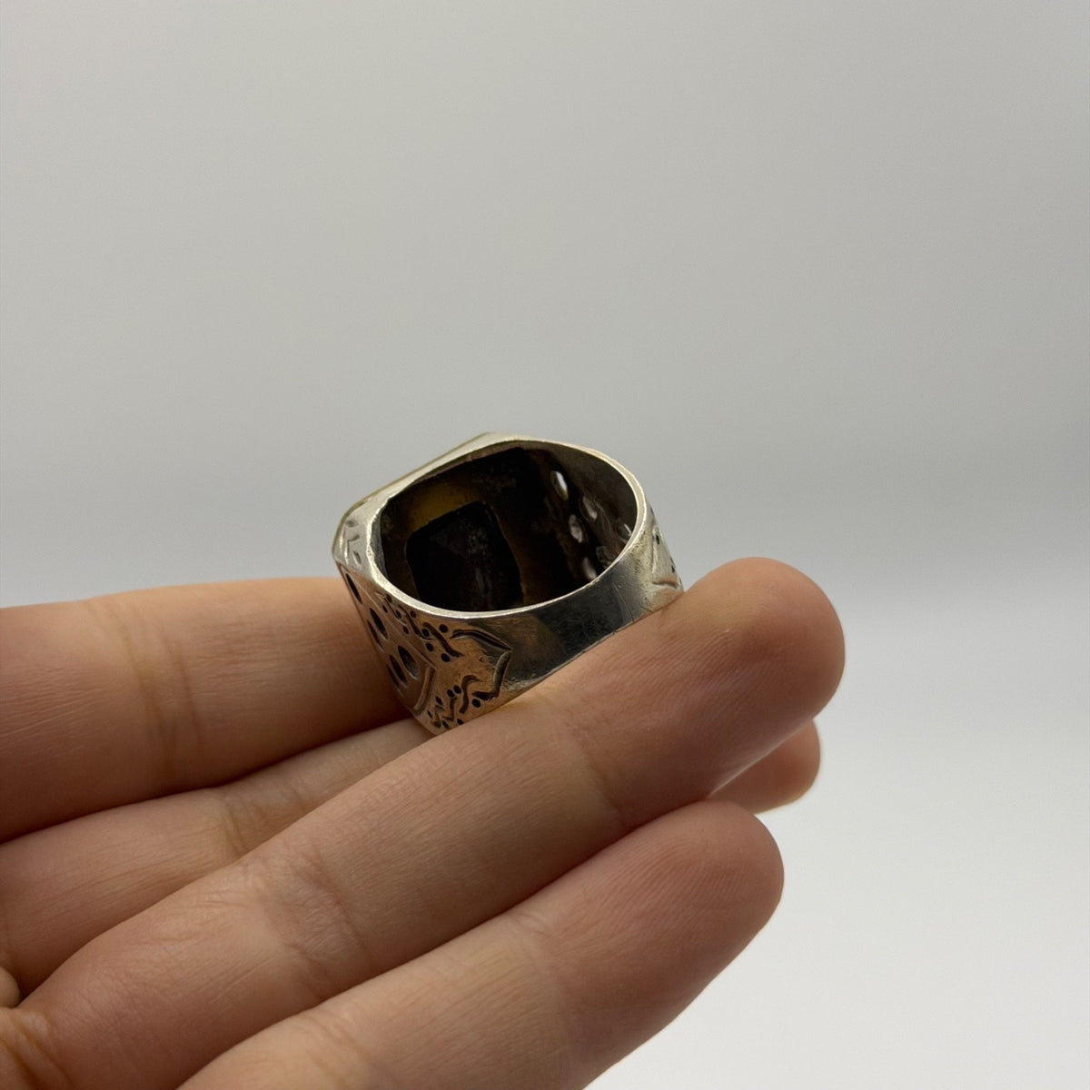 Silver Etched Ring with Square Turquoise Matrix Stone, Pierced Sides