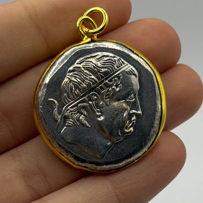 Ancient Greco-Bactrian Euthydemus I Gold Plated Frame Pendant