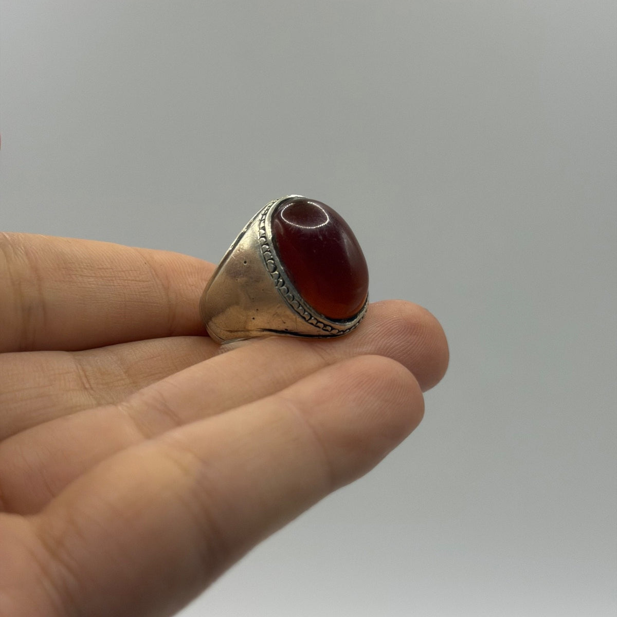 Classic Silver Solitaire Ring with Oval Red Carnelian and Beaded Bezel