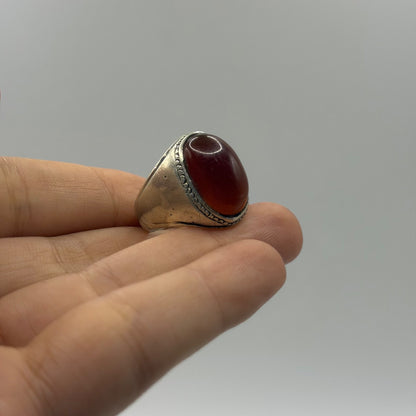 Classic Silver Solitaire Ring with Oval Red Carnelian and Beaded Bezel