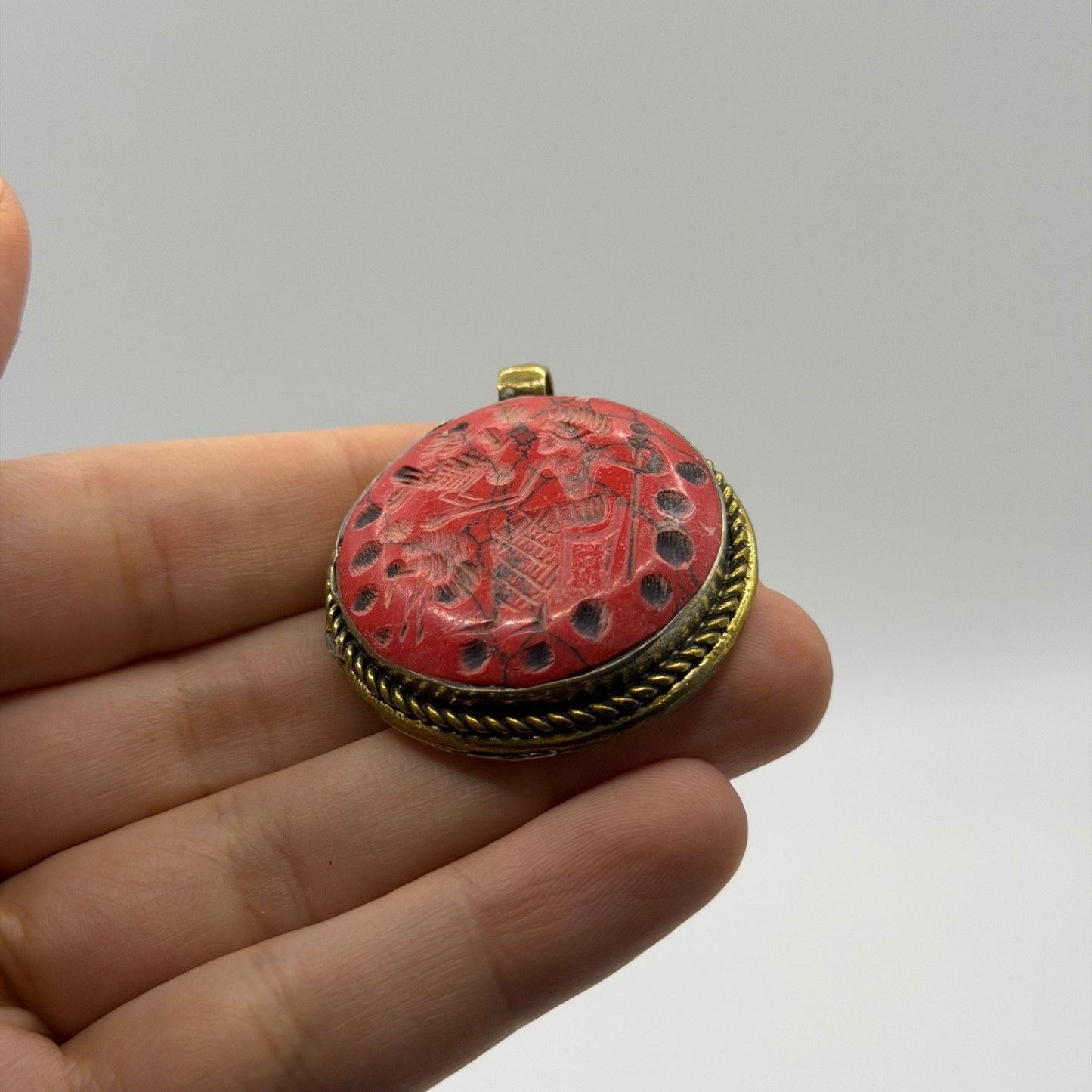 Vintage Hand Carved Red Intaglio Pendant – Carved Figure Brass Framed Amulet