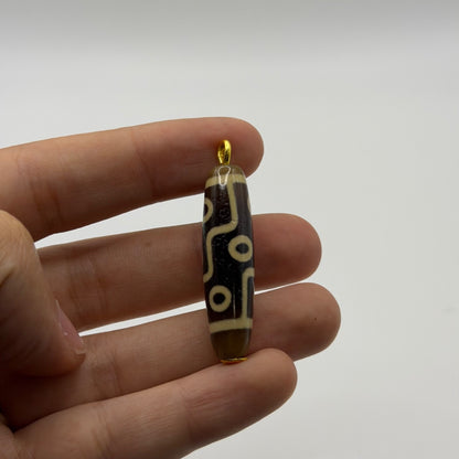 Vintage Tibetan Dzi Eye Agate Bead Tube Pendant Gold Tone Charm