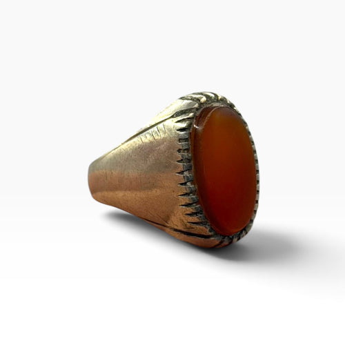 Silver Large Carnelian Agate Oval Cabochon Grooved Edge Signet Ring
