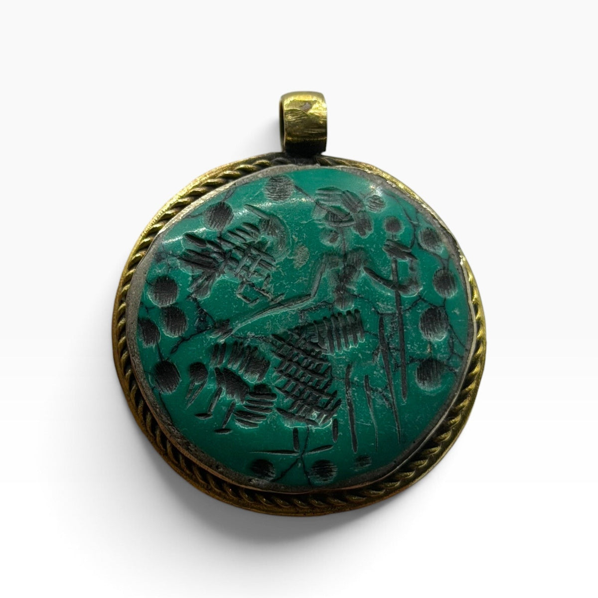 Ancient Near Eastern Style Hand Carved Intaglio Brass Pendant