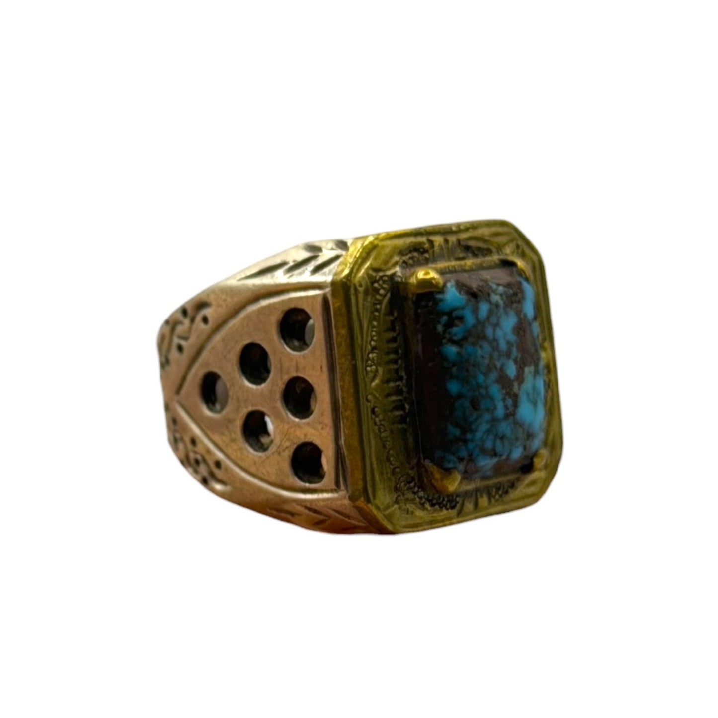 Silver Etched Ring with Square Turquoise Matrix Stone, Pierced Sides