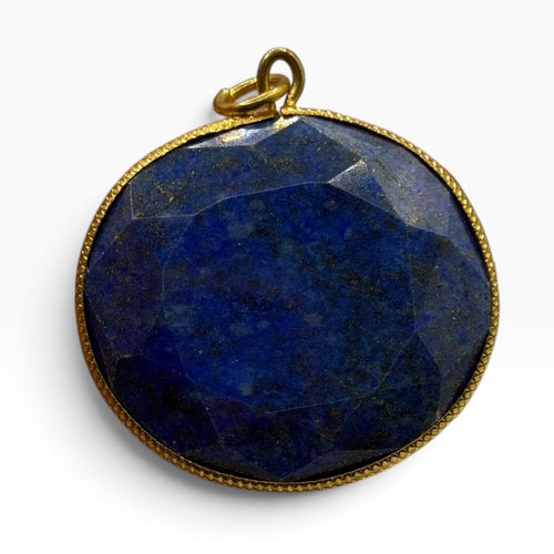 Natural Afghan Lapis Lazuli Pendant Faceted Round Blue Gemstone Gold Tone Frame