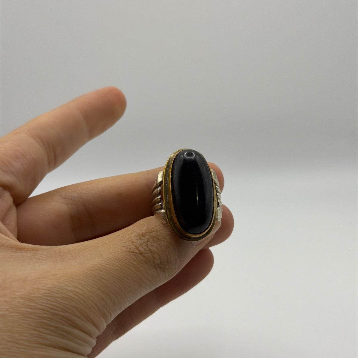 Silver Ribbed Band Ring with Oval Black Onyx Stone