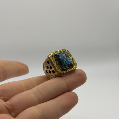 Silver Etched Ring with Square Turquoise Matrix Stone, Pierced Sides