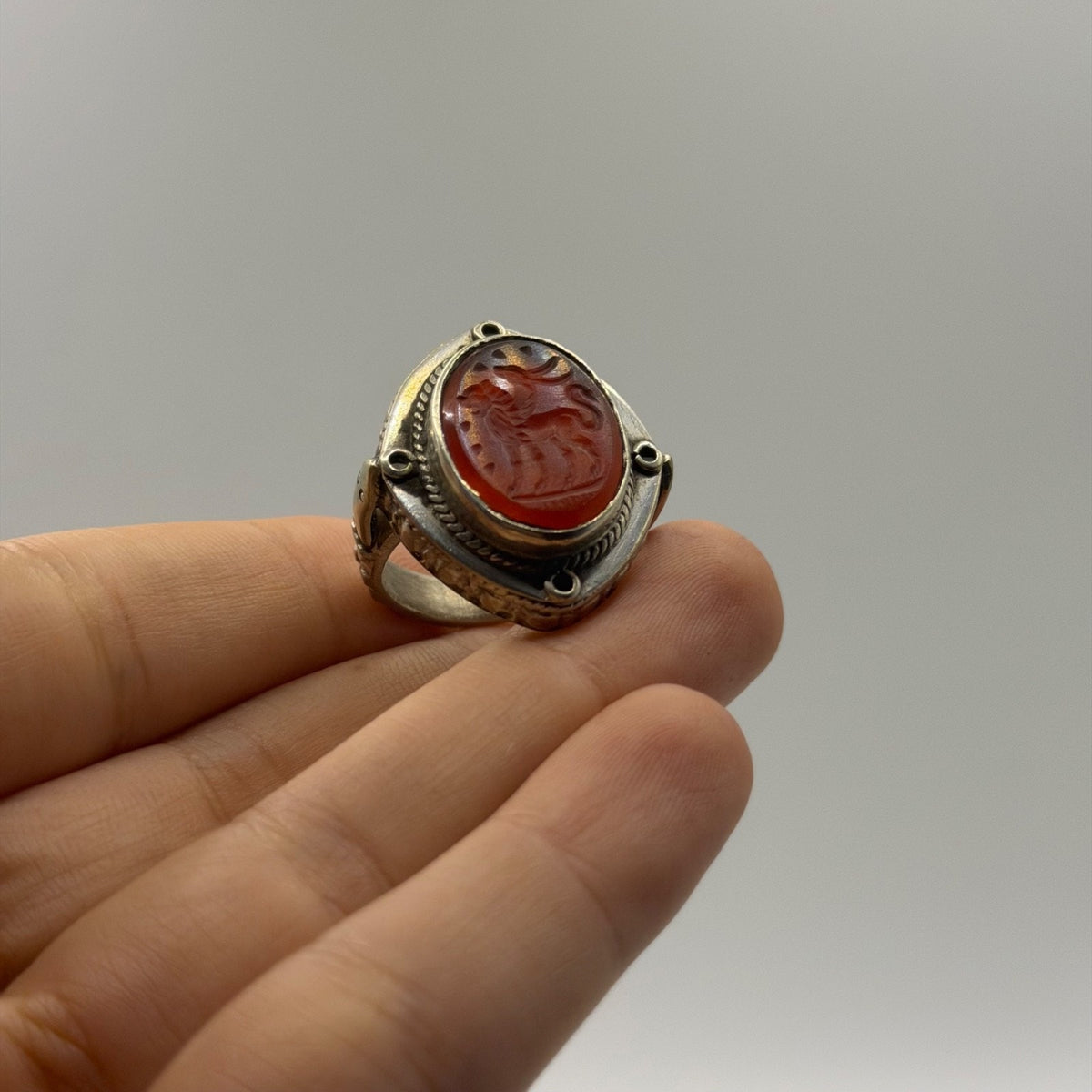 Vintage Silver Ancient Roman Style Intaglio Ring Carved Red Carnelian Seal