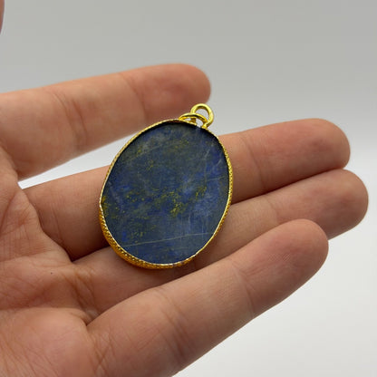 Natural Afghan Lapis Lazuli Faceted Oval Pendant Gold Tone Gemstone Charm
