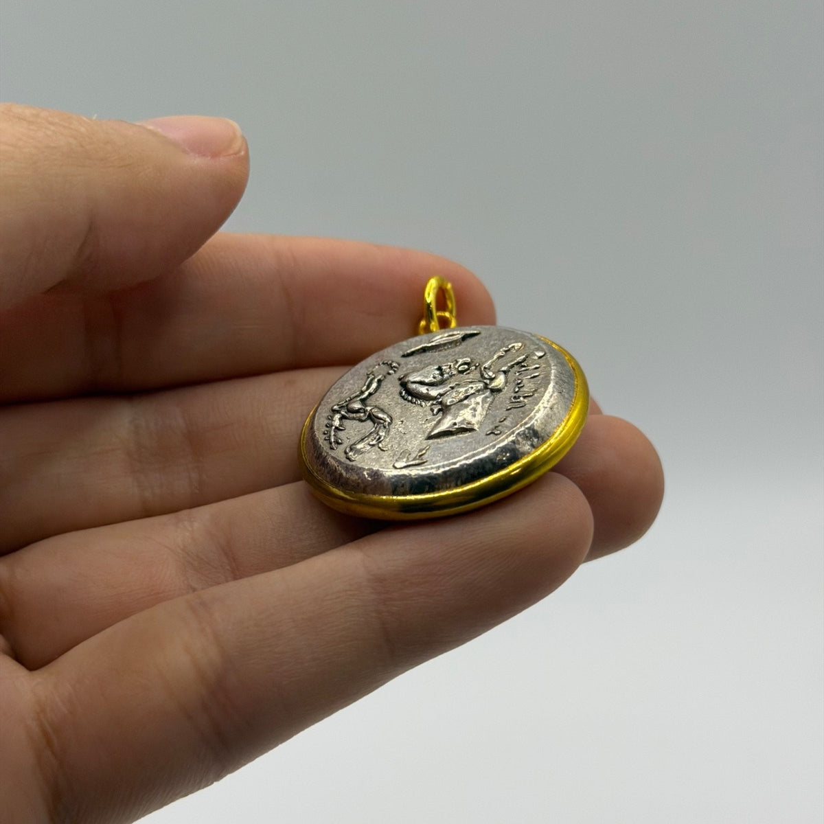 Ancient Roman Greek Style Silver & Gold Tone Coin Pendant