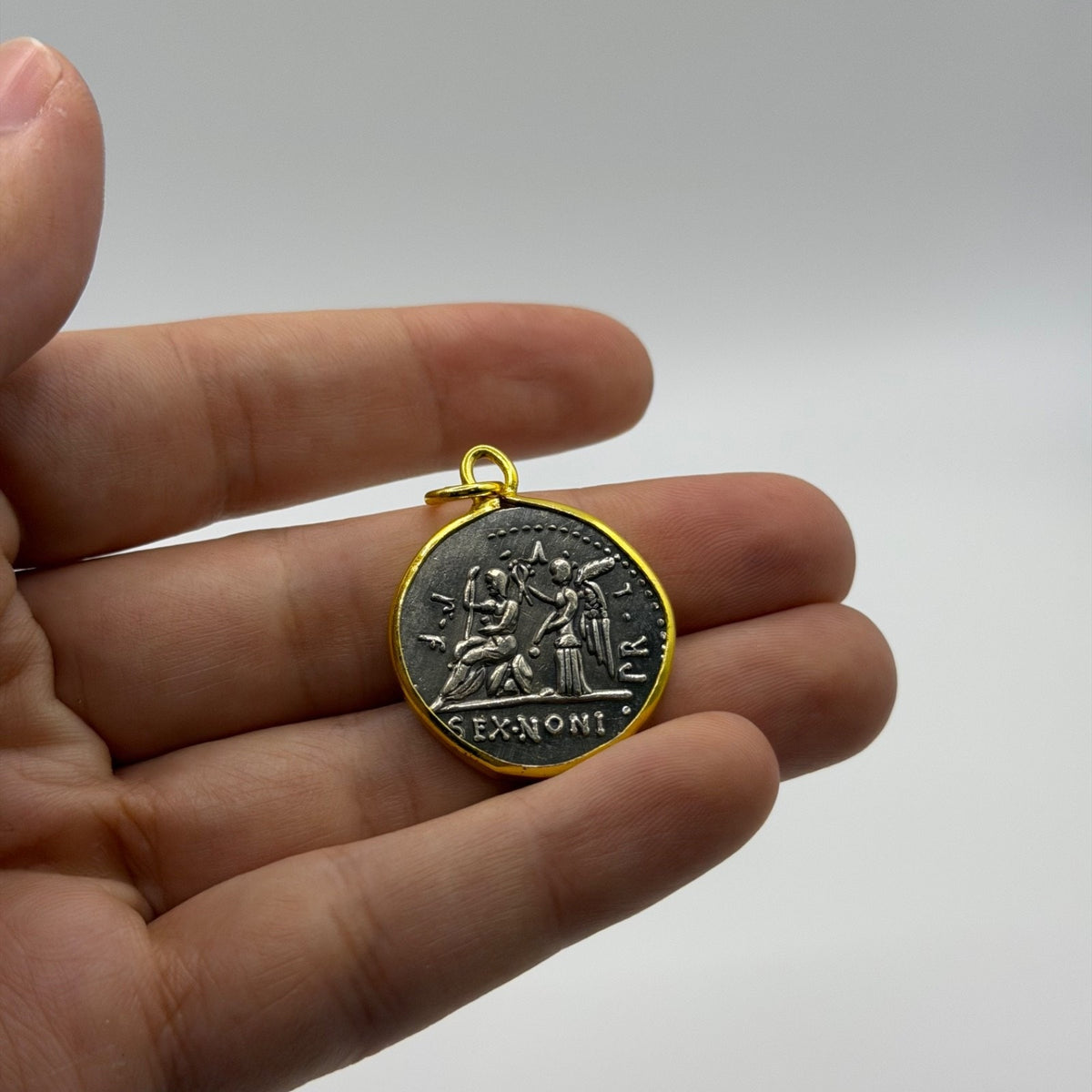 Ancient Roman Greek Style Silver & Gold Plated Coin Pendant