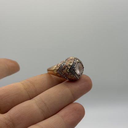 Antique Style Gold-Tone Enamel Ring w/ Rose Quartz & Pave Crystal Accents