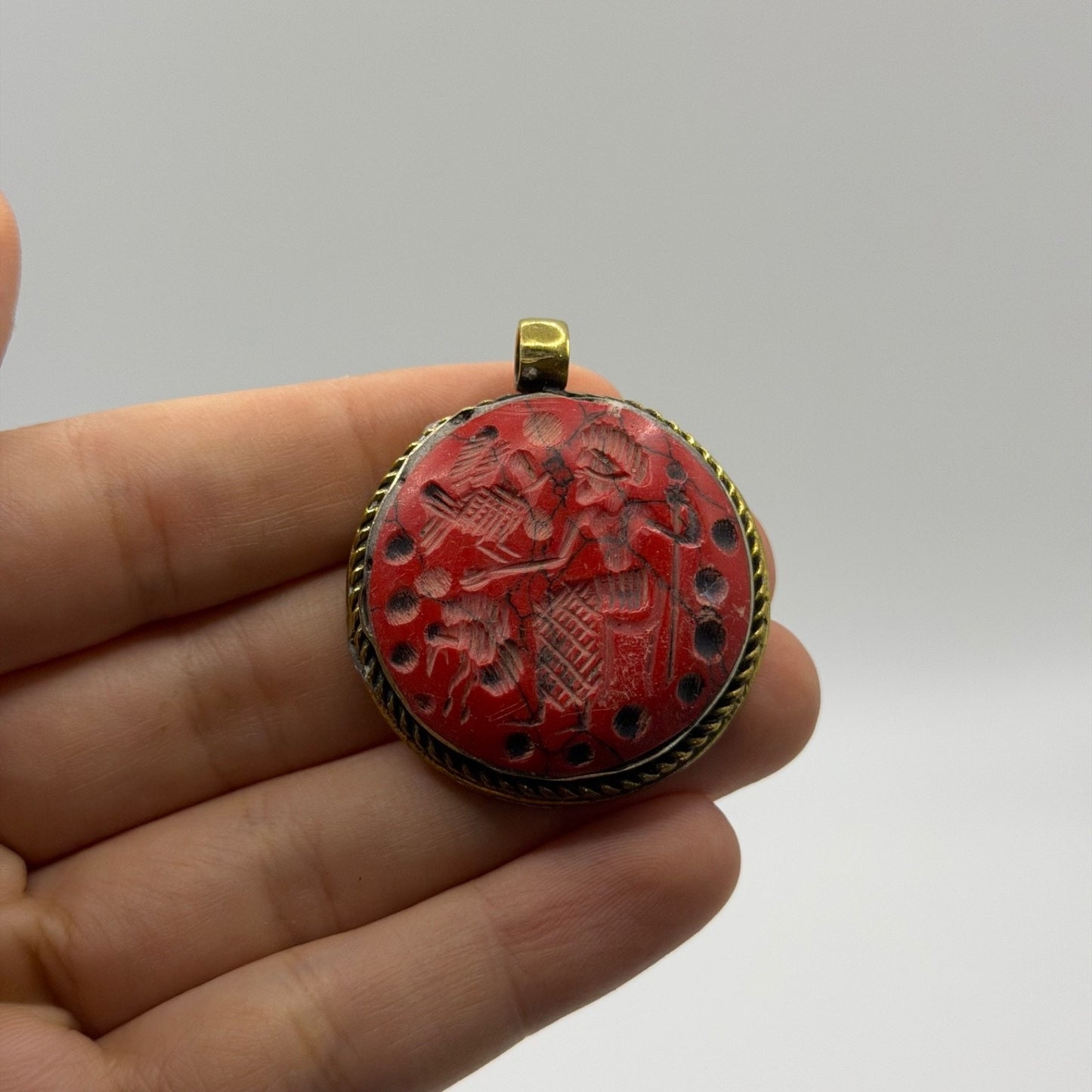 Vintage Hand Carved Red Intaglio Pendant – Carved Figure Brass Framed Amulet