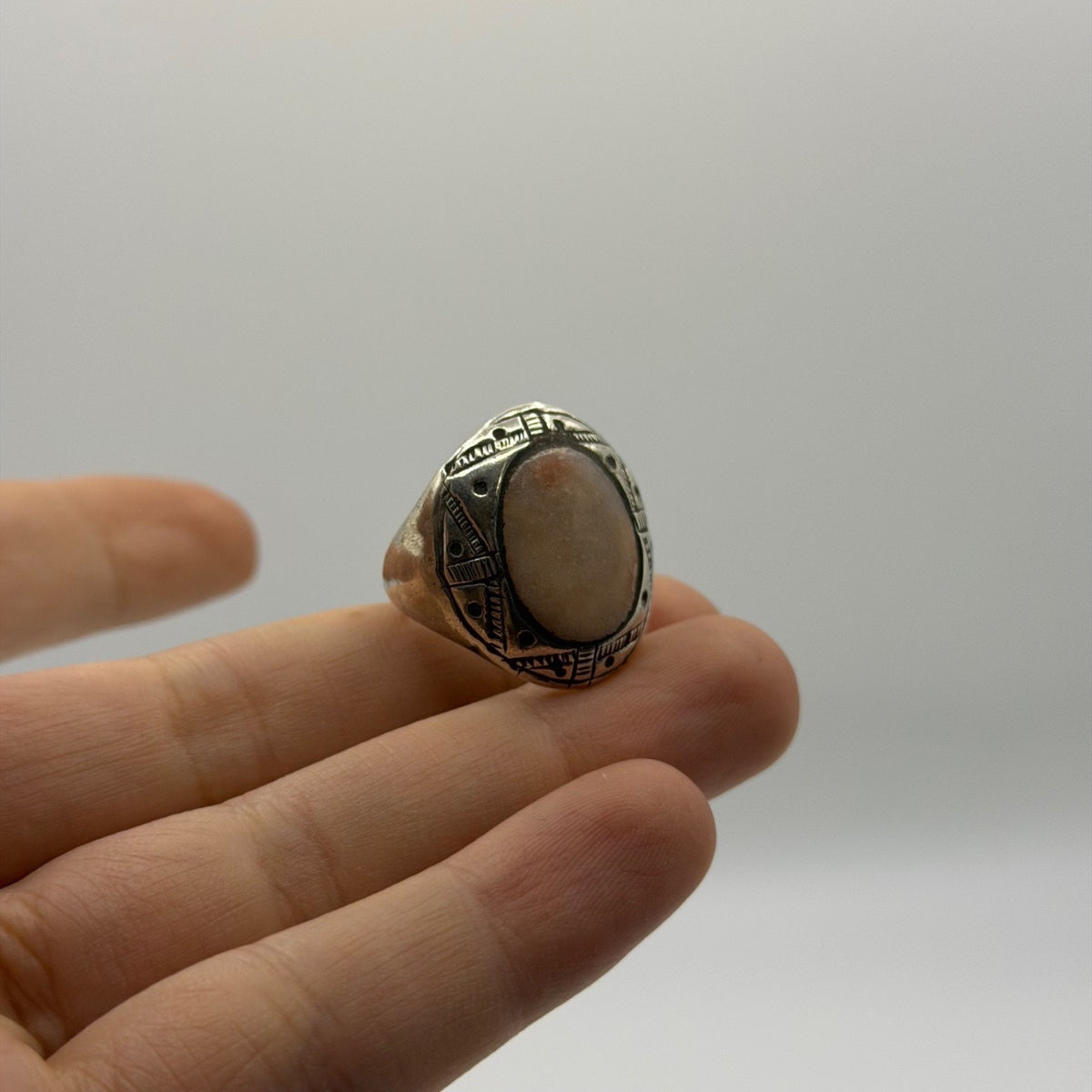Vintage Silver Oval Stone Cabochon Ring Engraved Tribal Geometry Design