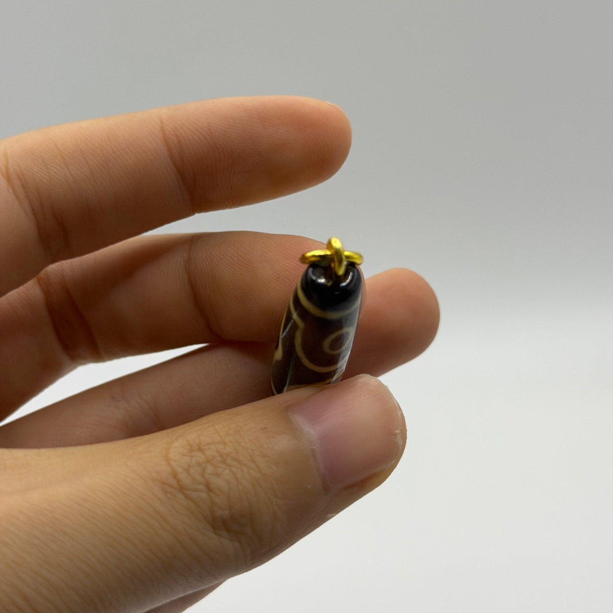 Vintage Tibetan Dzi Eye Agate Bead Tube Pendant Gold Tone Charm