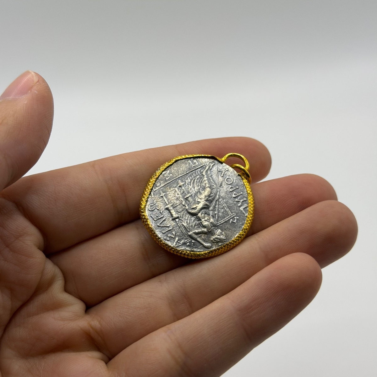 Ancient Roman Greek Style Silver & Gold Plated Coin Pendant