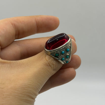 Vintage Silver Oval Red Glass Solitaire Ring Rope Bezel Detail