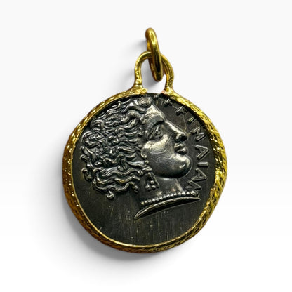 Ancient Roman Greek Style Silver & Gold Tone Coin Pendant