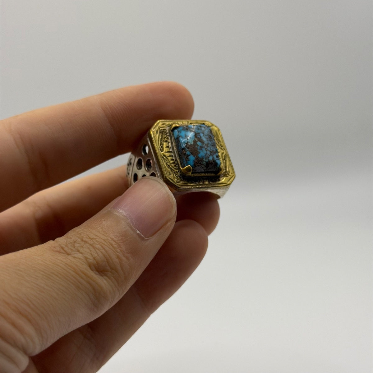 Silver Etched Ring with Square Turquoise Matrix Stone, Pierced Sides