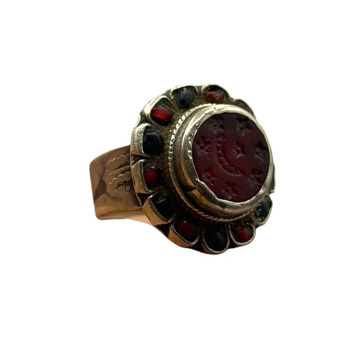 Silver Filigree Flower Ring with Carnelian Intaglio & Bead Border