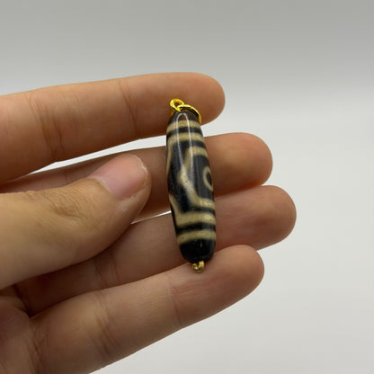 Vintage Tibetan Dzi Eye Agate Bead Tube Pendant Gold Tone Charm