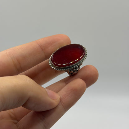 Vintage Silver Oval Carnelian Agate Solitaire Ring Rope Bezel Detail
