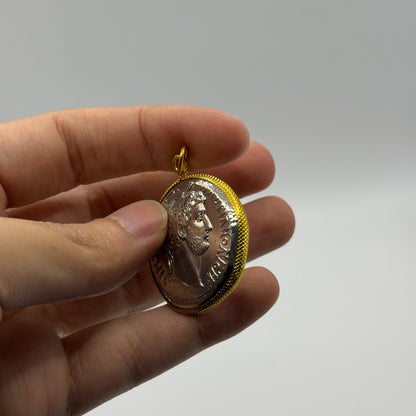 Ancient Roman Coin Style Pendant Emperor Profile Gold Tone Bezel Charm
