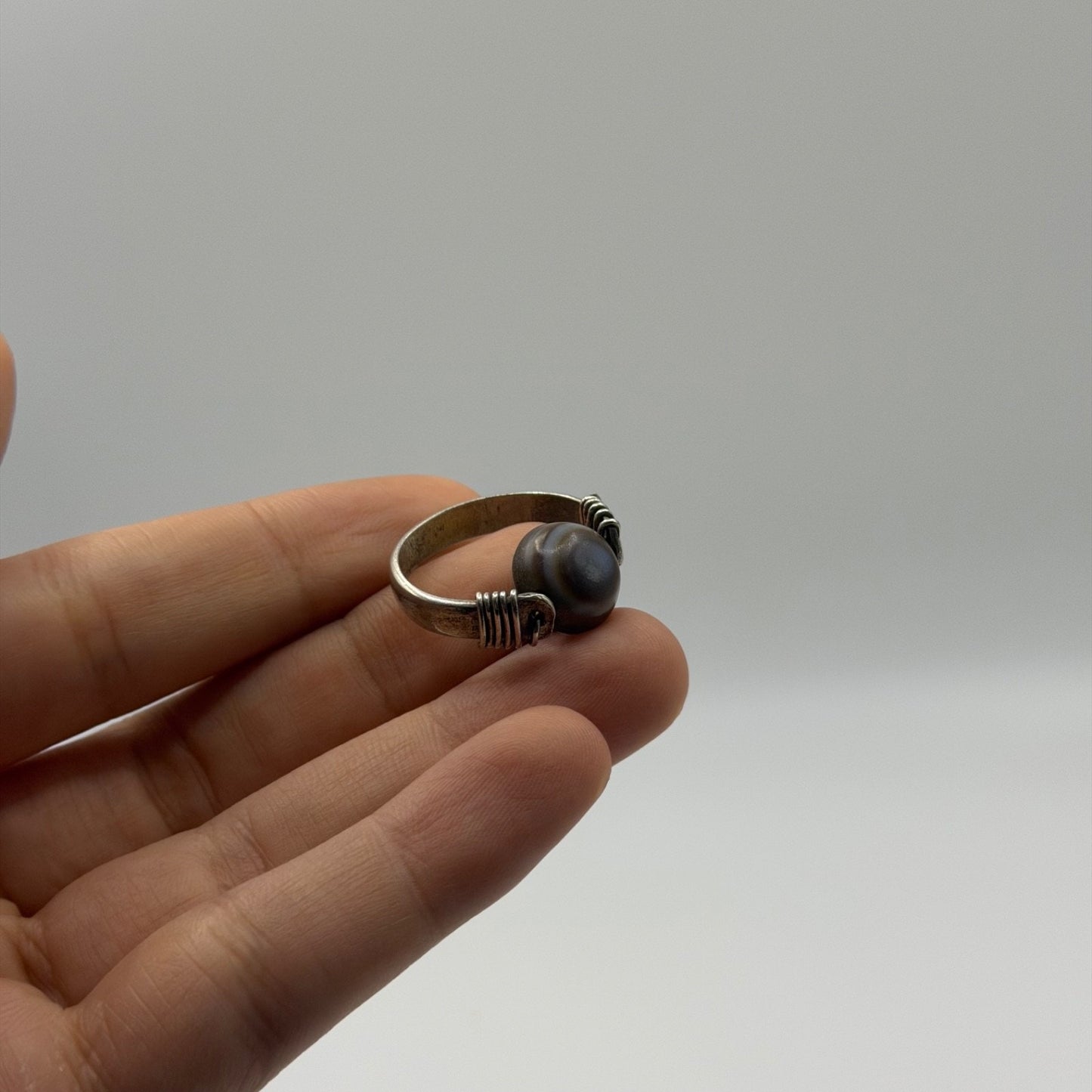 Vintage Silver Eye Agate Bead Ring Wire Wrapped Boho Ethnic Statement