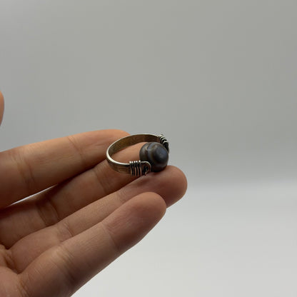 Vintage Silver Eye Agate Bead Ring Wire Wrapped Boho Ethnic Statement
