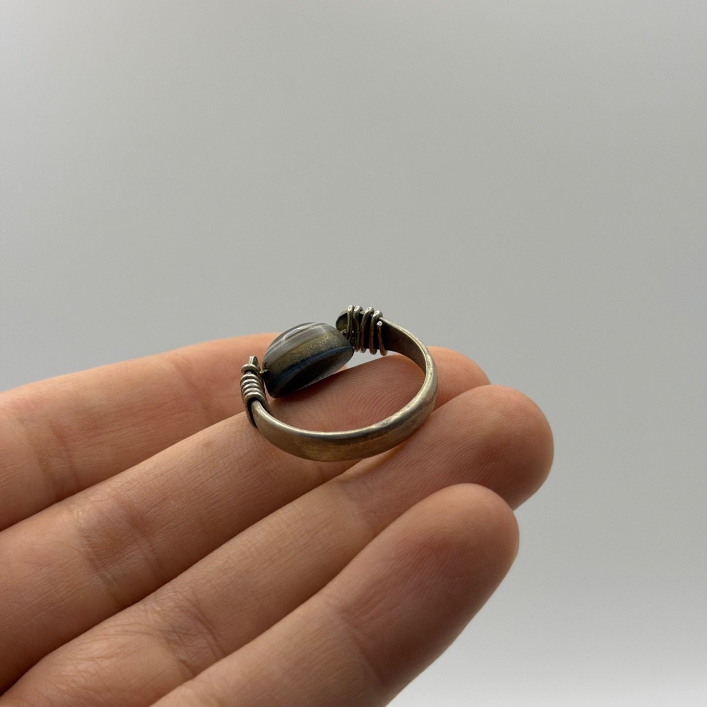 Vintage Silver Eye Agate Bead Ring Wire Wrapped Boho Ethnic Statement