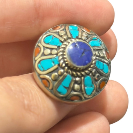 Cute Nepalese Lapiz Turquoise Silver Tone Ring