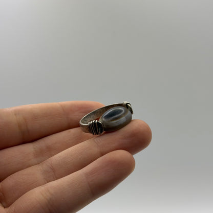 Eyed Dzi Agate Banded Bead Silver Wire Wrapped Ring