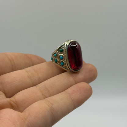 Vintage Silver Oval Red Glass Solitaire Ring Rope Bezel Detail