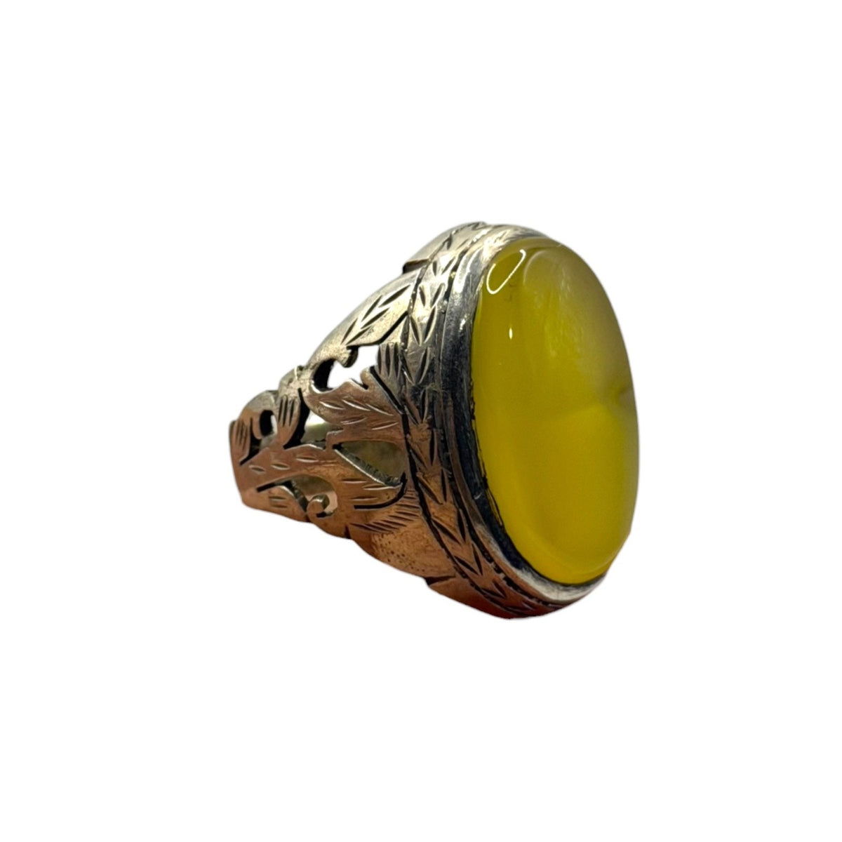 Vintage Silver Yellow Chalcedony Agate Ring Pierced Floral Scroll Band