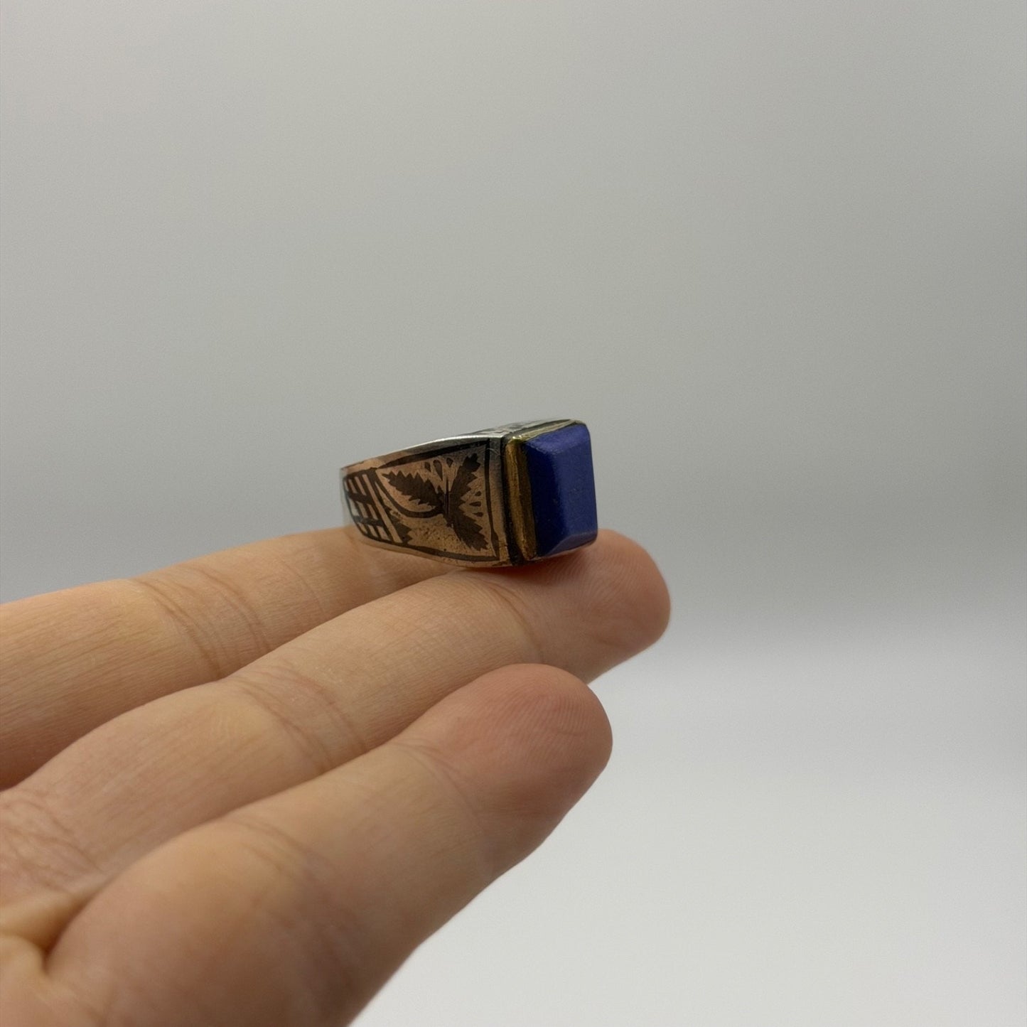 Vintage Two-Tone Ring with Hand-Etched Butterfly & Blue Lapis Stone