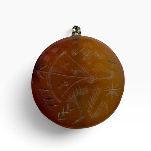 Vintage Carved Carnelian Agate Disc Pendant – Hand Engraved Archer Zodiac Figure