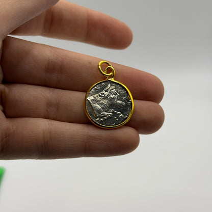 Ancient Roman Greek Style Silver & Gold Plated Coin Pendant