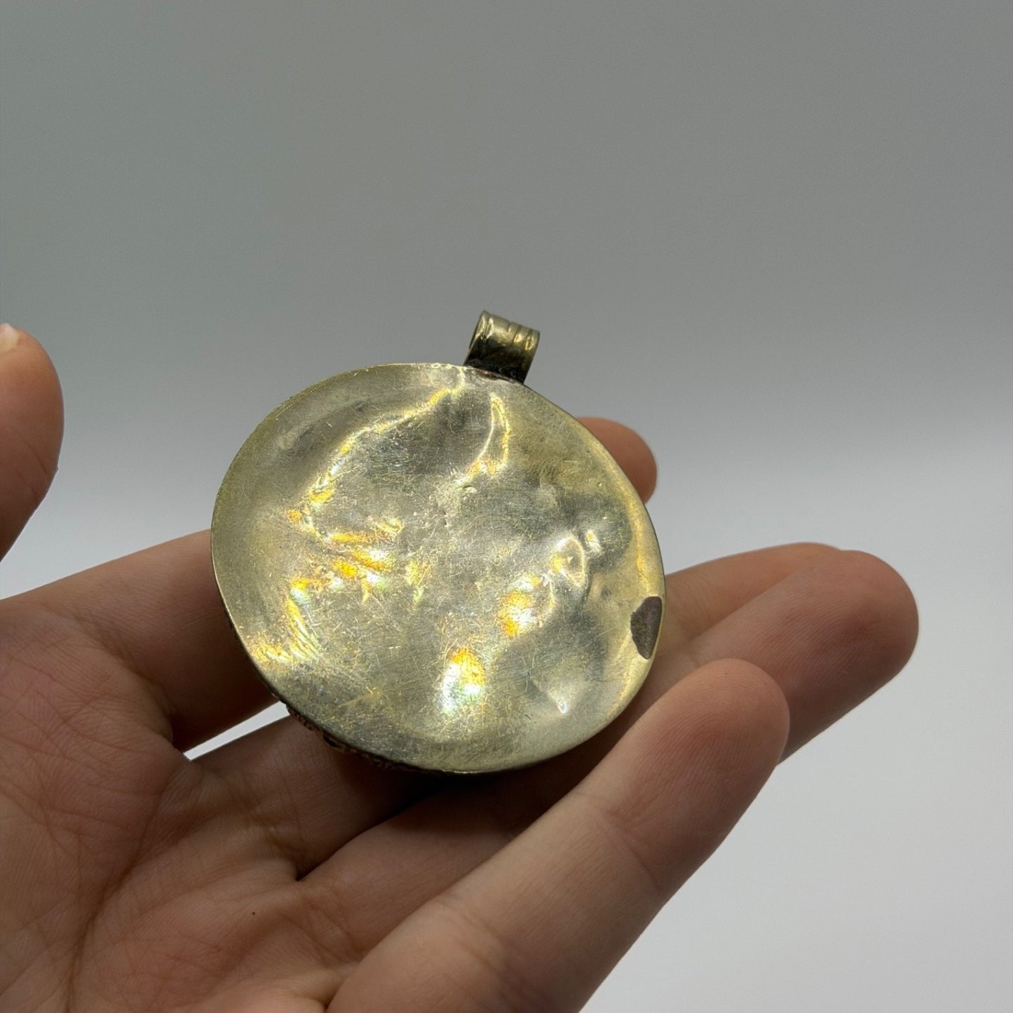 Vintage Nepalese Tribal Round Yellow Amber Resin Pendant Brass Flower Detail