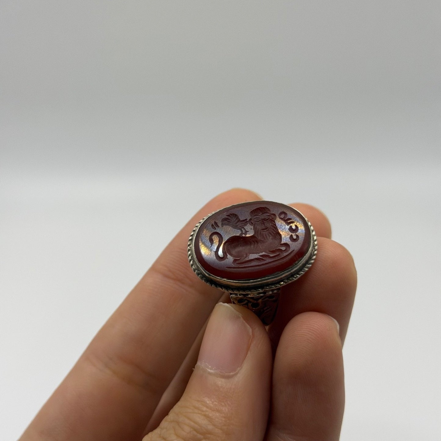 Vintage Silver Intaglio Carved Roman Style Carnelian Gemstone Signet Ring