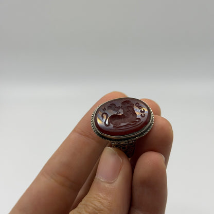 Vintage Silver Intaglio Carved Roman Style Carnelian Gemstone Signet Ring