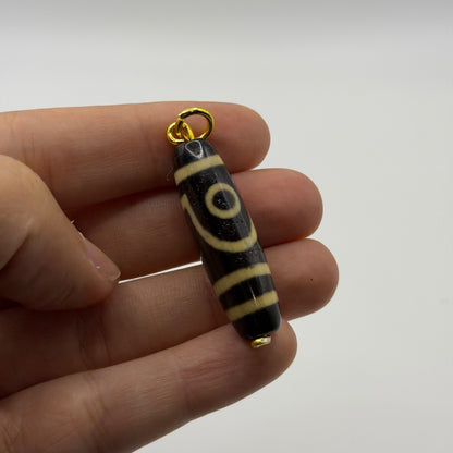Vintage Tibetan Dzi Eye Agate Bead Tube Pendant Gold Tone Charm