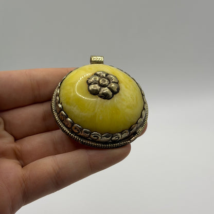 Vintage Nepalese Tribal Round Yellow Amber Resin Pendant Brass Flower Detail