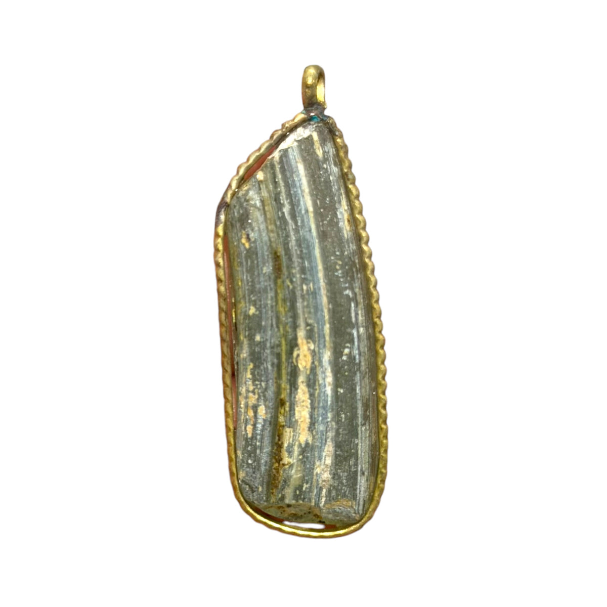 Ancient Roman Glass Pendant – Elongated Olive & Gold Streaked Glass