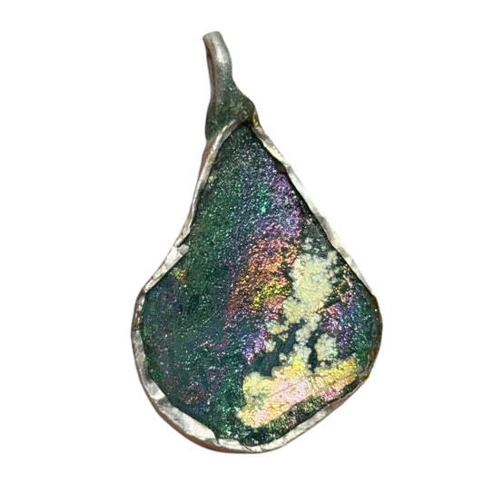 Ancient Roman Glass Pendant – Peacock Iridescent Teardrop Glass
