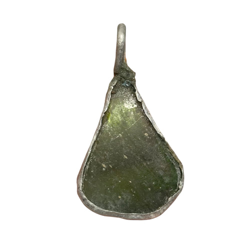 Ancient Roman Glass Pendant – Olive Green Teardrop with Purple Sheen